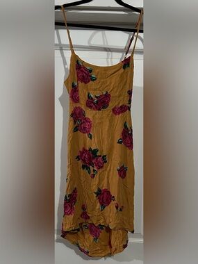 Volcom Mustard Yellow Floral Slip Dress with Pink Rose Print
